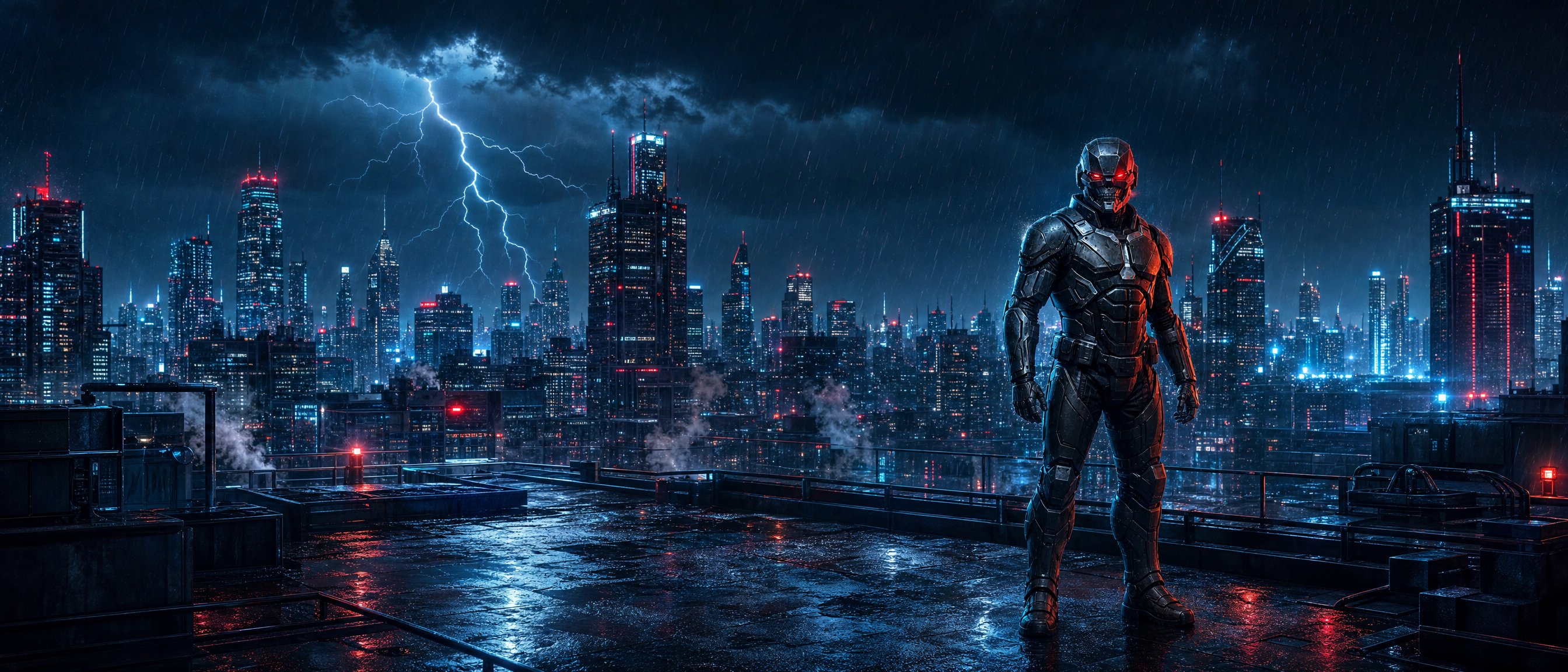 ROBOCOIN enforcer standing on a rain-soaked rooftop above a neon cyberpunk city at night